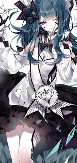 Anime character with blue hair and clock details in gothic style.