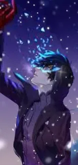 Anime character reaches into snowy night sky with dark blue hues and fantasy vibe.