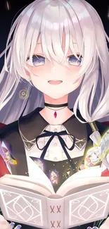 Anime character with white hair holding a magical book.