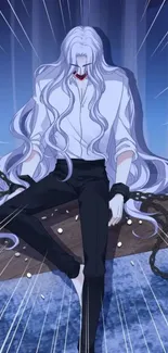 Anime character with long hair and chains on a dynamic blue background.