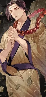 Anime character with robes and necklace on a dark background.