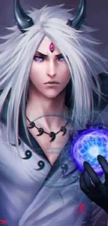 Mystical anime character with white hair and purple eyes holding a glowing orb.