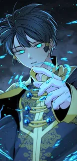 Anime character with glowing blue aura in mystical attire.