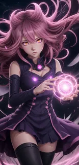 Anime girl with pink hair and a glowing orb on a purple background.