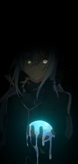 Mysterious anime character with glowing eyes holding a luminous blue orb.