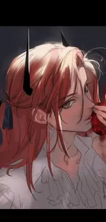 Anime demon girl with horns, eating a red fruit.