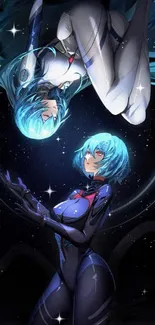 Futuristic anime characters in cosmic setting.