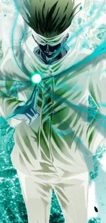 Anime character with mystical energy in a vibrant teal setting.