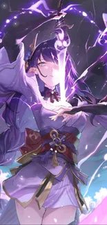 Anime character with purple sword glow in a mystical fantasy setting.