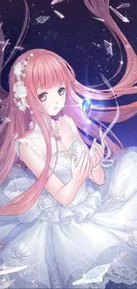 Mystical anime girl in elegant dress holding glowing crystal.