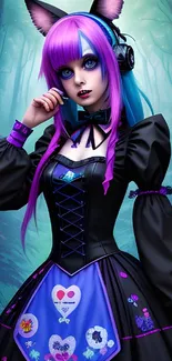 Anime girl with purple hair in a mystical forest setting wearing a black dress.