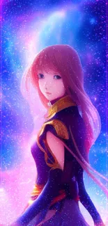 Anime character in a vibrant cosmic galaxy wallpaper.