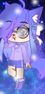 Anime character with purple hair in galaxy backdrop.