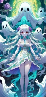 Anime girl with mystical ghosts on vibrant fantasy wallpaper.