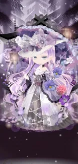 Ethereal anime character with purple hues and floral accents.