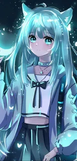 Mystical anime girl with teal hair and moon.