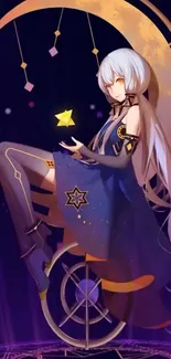 Anime girl holding a star with a mystical purple background.