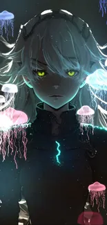 Anime girl with glowing eyes and jellyfish on dark wallpaper.