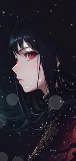 Mystical anime girl with red eyes in a dark fantasy setting.