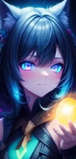 Anime girl holding a glowing orb with vibrant colors.