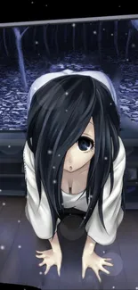 Anime girl with dark hair in snowy forest setting.