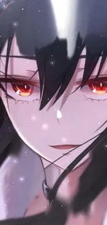 Anime girl with red eyes and black hair in a mystical fantasy setting.