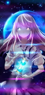 Anime girl with hourglass in cosmic background and starry glow.