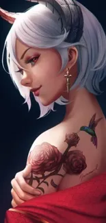 Anime girl with horns and tattoos, vibrant art.