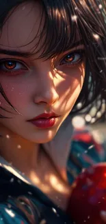 Anime girl with dark hair holds a red apple.