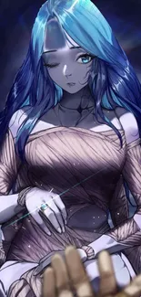 Mystical anime girl with blue hair in a captivating design.