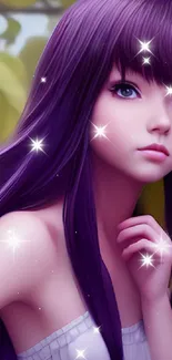 Mystical anime girl with purple hair amid nature setting.