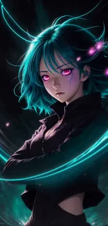 Mystical anime character with teal hair and glowing eyes on a dark backdrop.