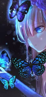 Beautiful anime girl with glowing blue butterflies.