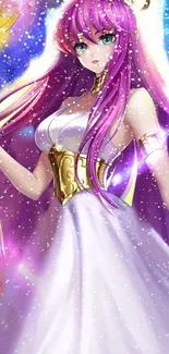 Anime goddess in white and gold outfit with mystical aura and vibrant colors.