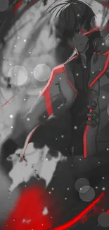 Mysterious anime hero with striking red accents in grayscale wallpaper.