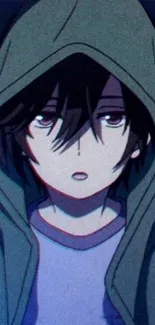 Anime character in a hooded cloak with a mysterious dark background.