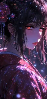 Anime character in a vibrant kimono with a dark mystical background.