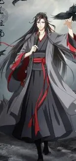 Anime character robed in dark grey with crows in a mystical landscape.