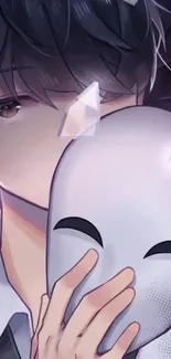 Anime character with mask in gray tones and vibrant highlights.