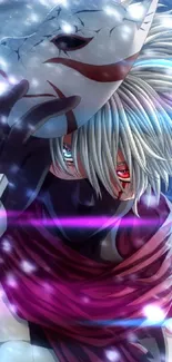 Anime character with white mask and red eyes in mystical setting.