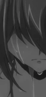 Monochrome anime character with shaded face and long hair.