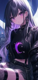 Anime character under the moonlight in dark gothic attire.