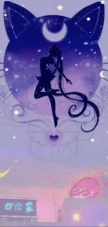 Anime silhouette with moon and stars on a purple background.