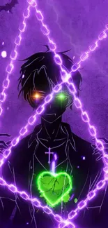 Anime character with neon heart and chains on purple background.