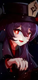 Anime character with glowing red eyes at night.