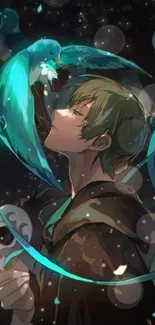 Anime character with teal birds in a mystical night scene.