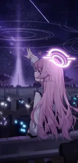 Anime girl with pink hair reaching toward glowing night sky.