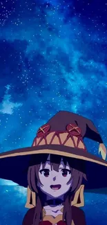 Anime character with witch hat under a starry sky background.