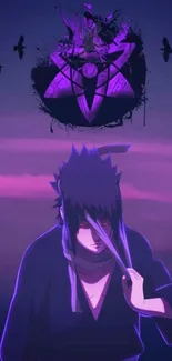 Anime character with purple sky background.