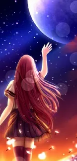 Anime girl reaching for the glowing moon under a starry night sky.